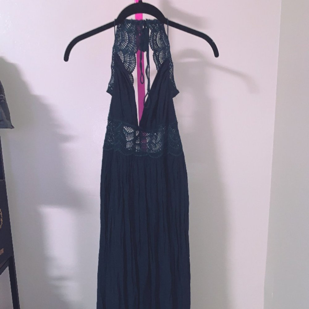 Open back navy maxi dress with crochet detail